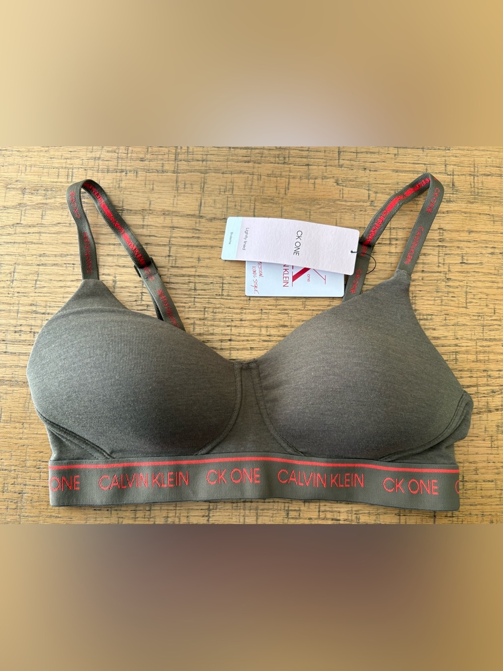 Calvin Klein Olive T-Shirt Bra with Red Logo Band